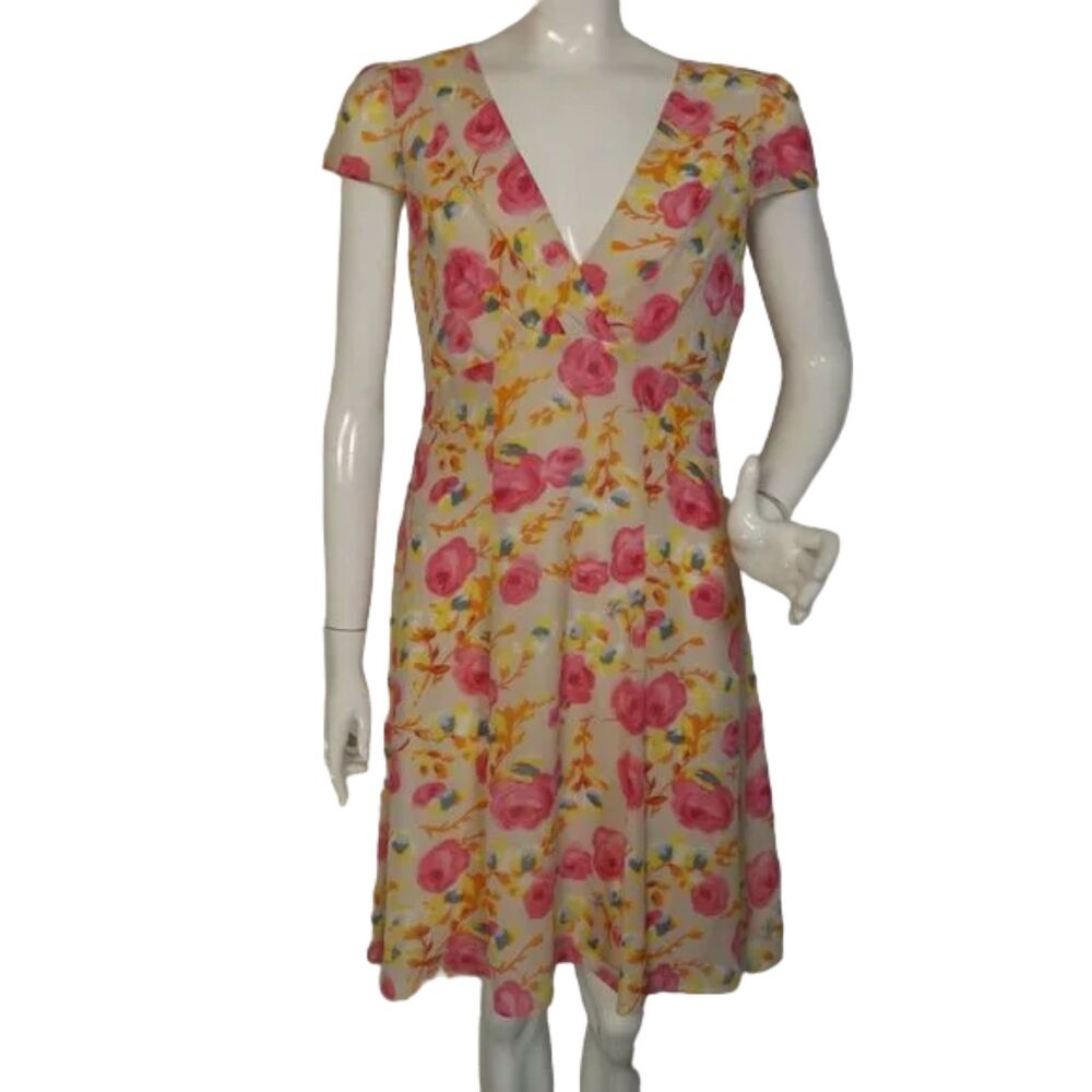 BETSEY JOHNSON Dress, 10, Cream, Pink Floral, Cap Sleeves, V-neck, Feminine